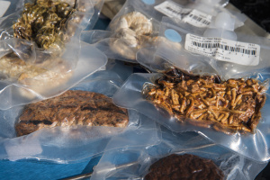 Vacuum sealed astronaut food packages on display