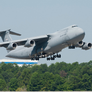 The 12th upgraded C-5M Super Galaxy for the U.S. Air Force takes off from JBA.